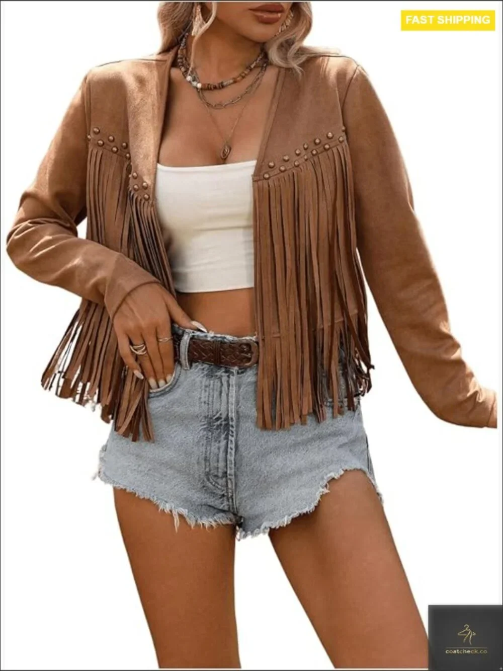 Faux Suede Fringe Trim Long Sleeve Open Front Cardigan Jacket Western Concert